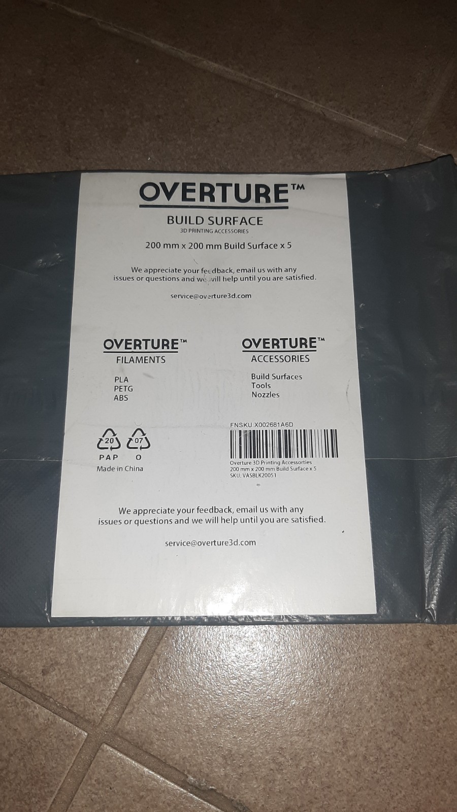 OVERTURE BUILD SURFACE 20cm x 20cm 3D PRINTER SHEET 1 pkg contains 5 sheets