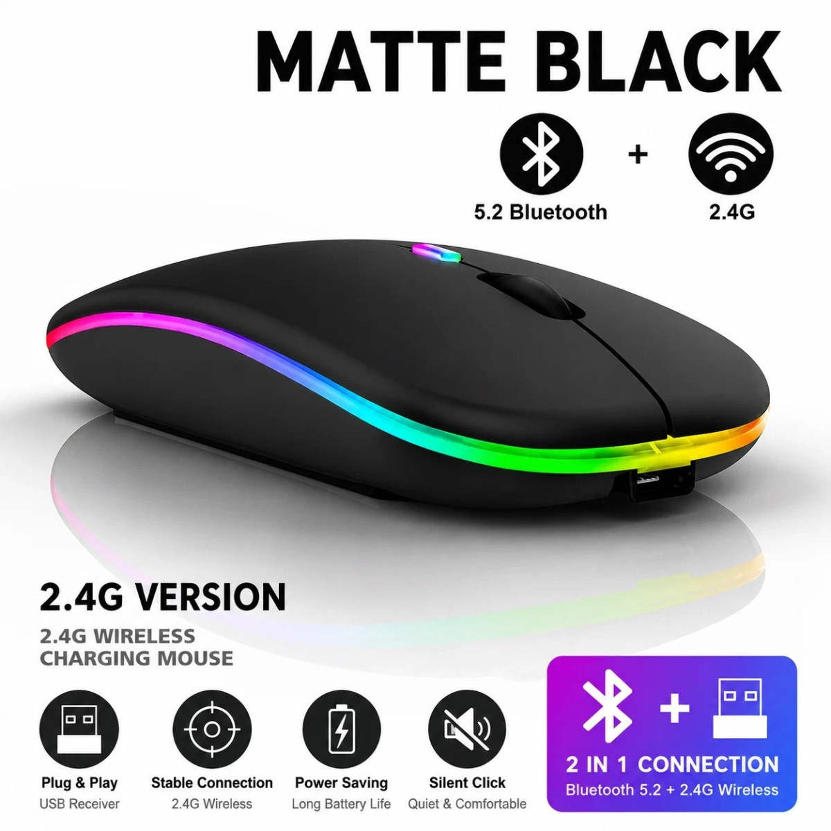 2.4GHz Wireless Optical Mouse USB Rechargeable RGB Cordless Mice For PC Laptop