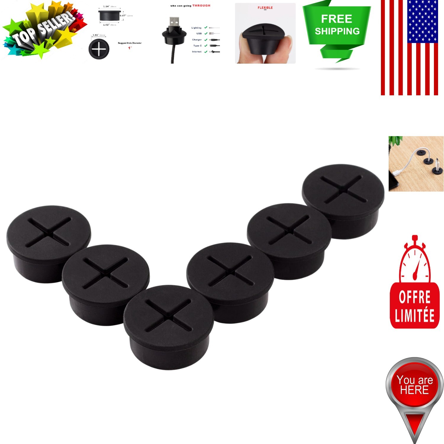 6 PCS 1 Inch Flexible Silicone Cable Grommets – Dust-Resistant Wire Pass Through