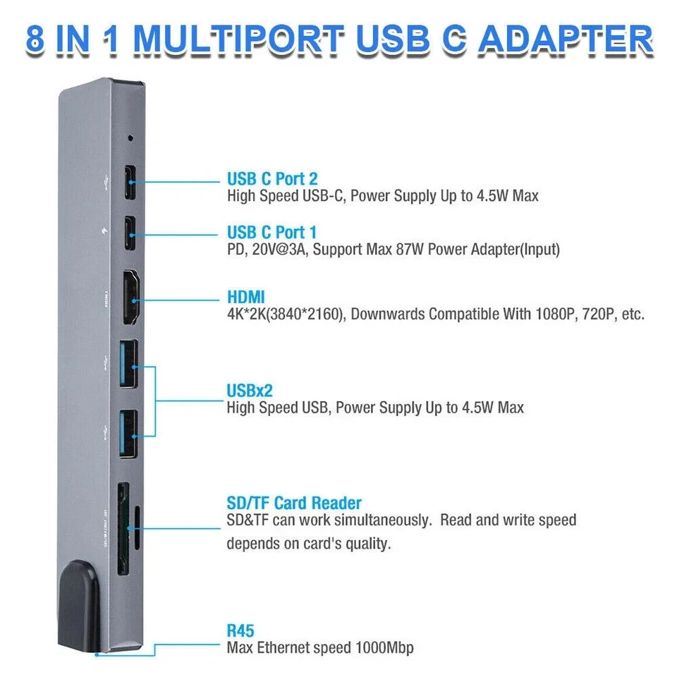 8 in 1 USB-C Hub Type C To USB 3.0 4K HDMI PD Adapter For iPhone Macbook Pro Air