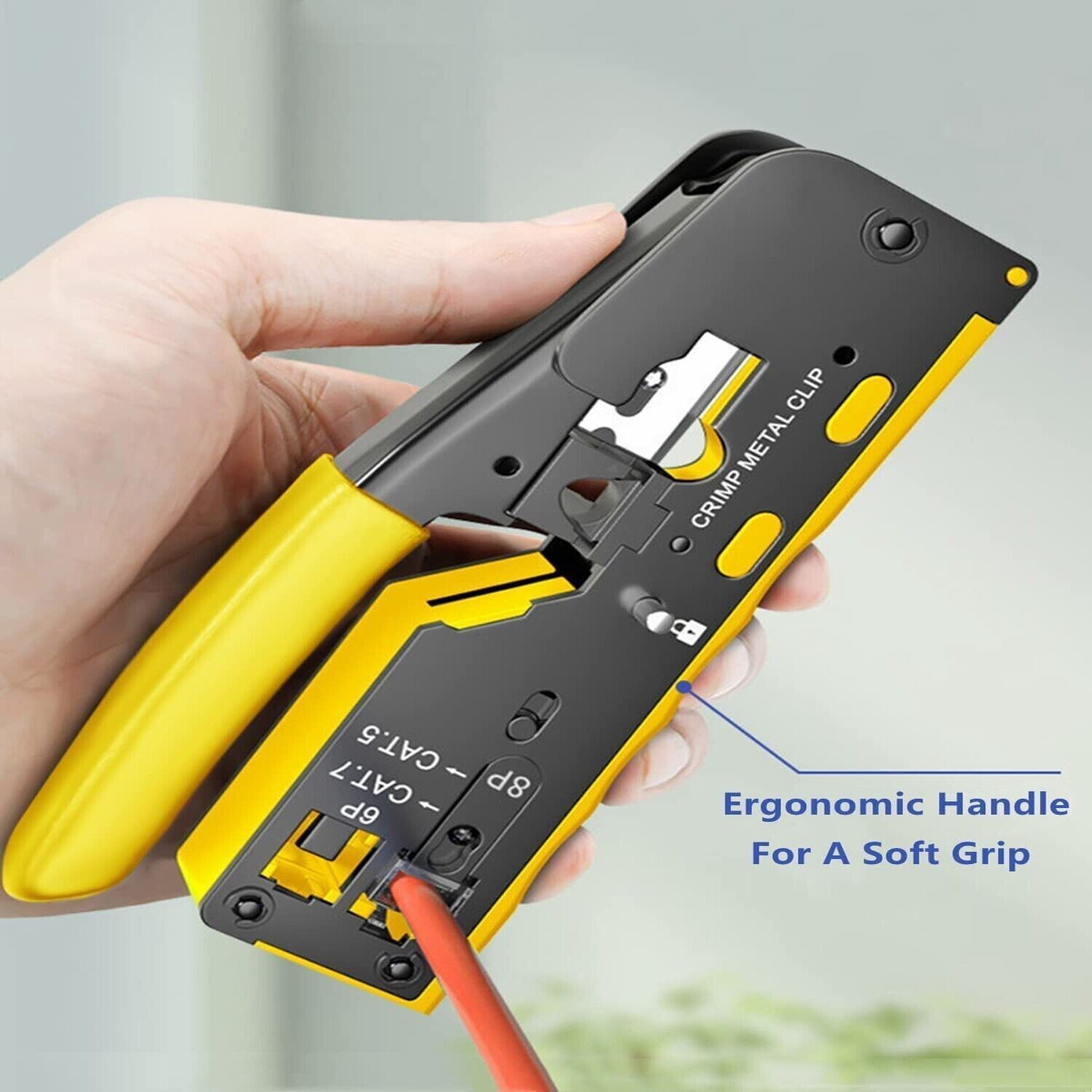 RJ45 Crimp Tool, Compact Design for Cat5e/Cat6 Connectors, All-in-One Pliers