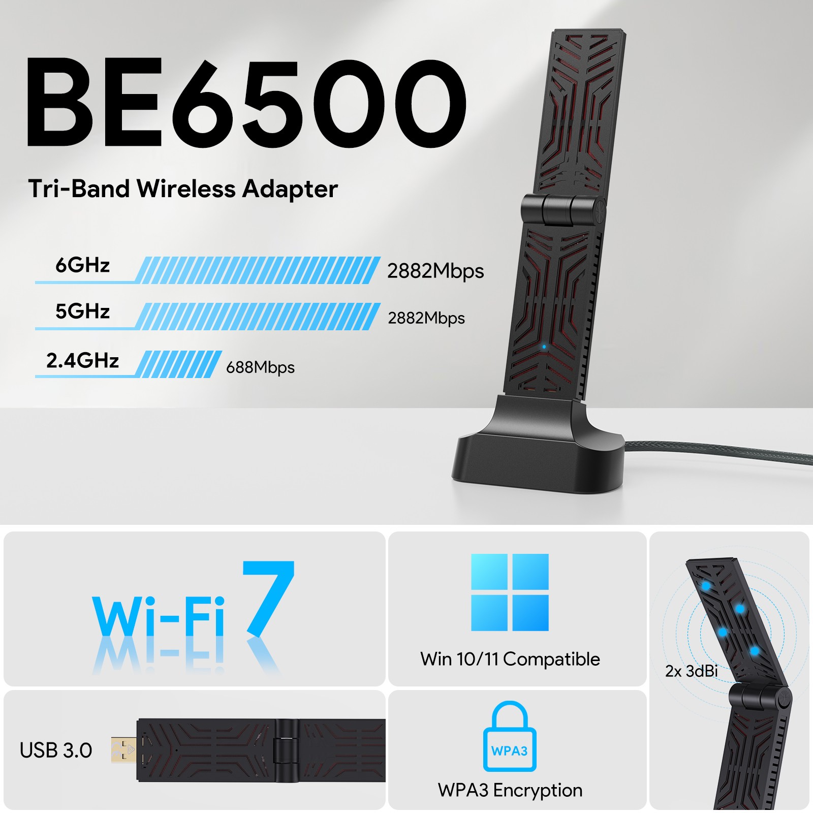 Wi-Fi 7 BE6500 Tri-Band USB 3.0 Wireless Adapter for Desktop PC Up to 6452Mbps