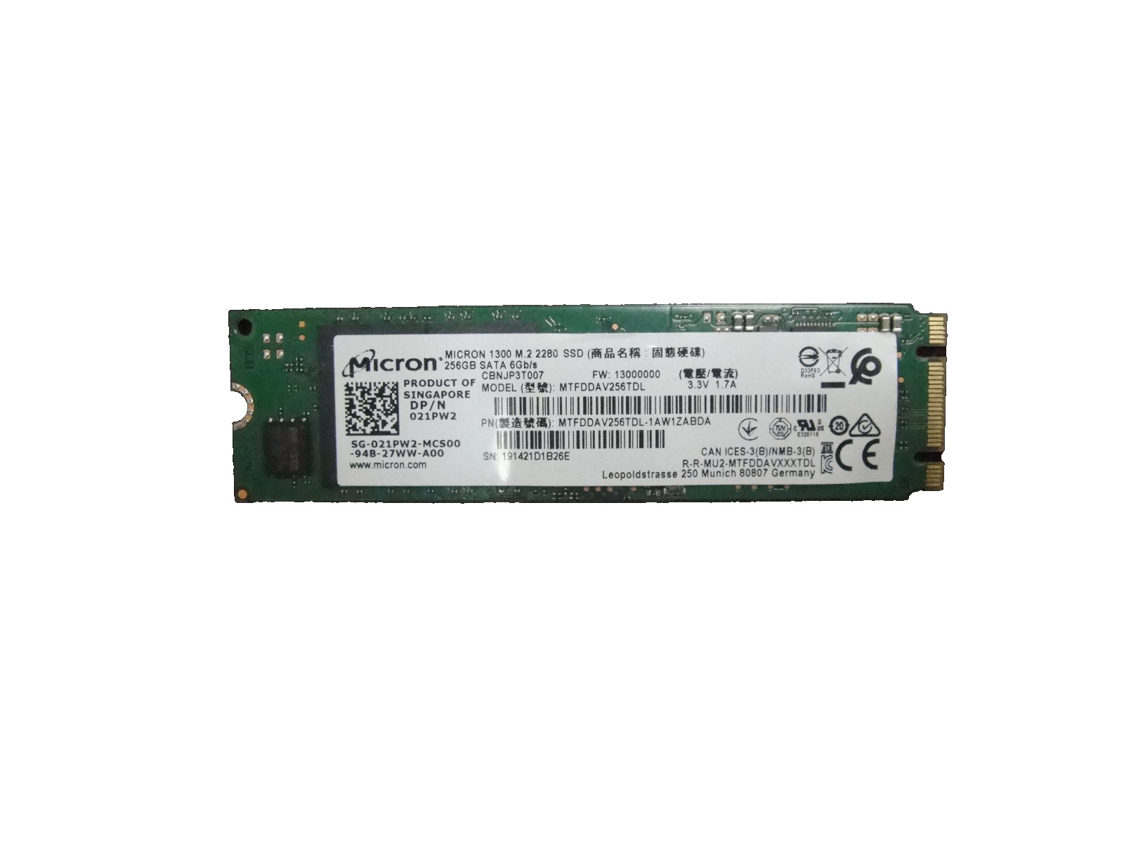 Micron 1300 256 GB M.2 2280 80mm SSD DRIVE MTFDDAV256TDL-1AW1ZABFA-Working