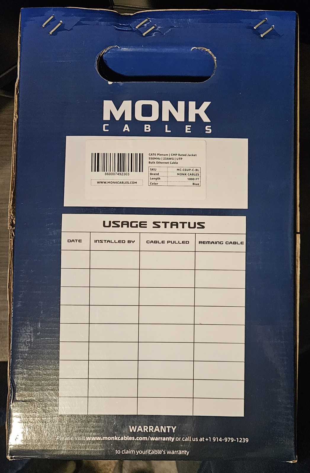 Monk Cables Cat6 Plenum Rated Bulk Ethernet Cable 1000ft Blue