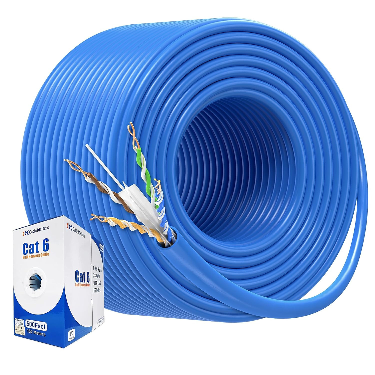 [UL Listed] 10Gbps 23AWG CMR Cat6 Cable, 500Ft, Blue | In-Wall Riser Rated, Bare