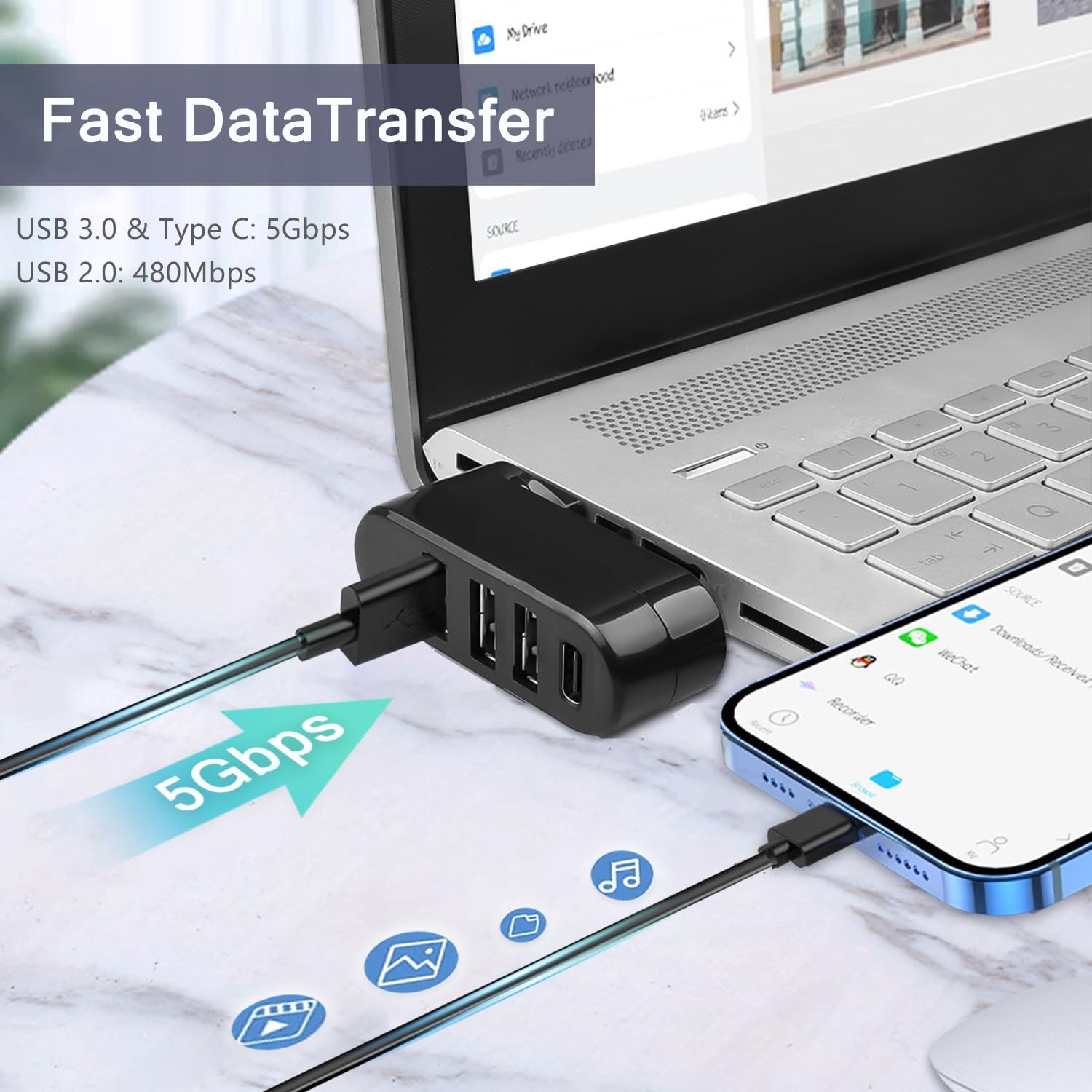 USB Hub 4 Port USB 3.0 Splitter Rotatable Adapter for Laptop