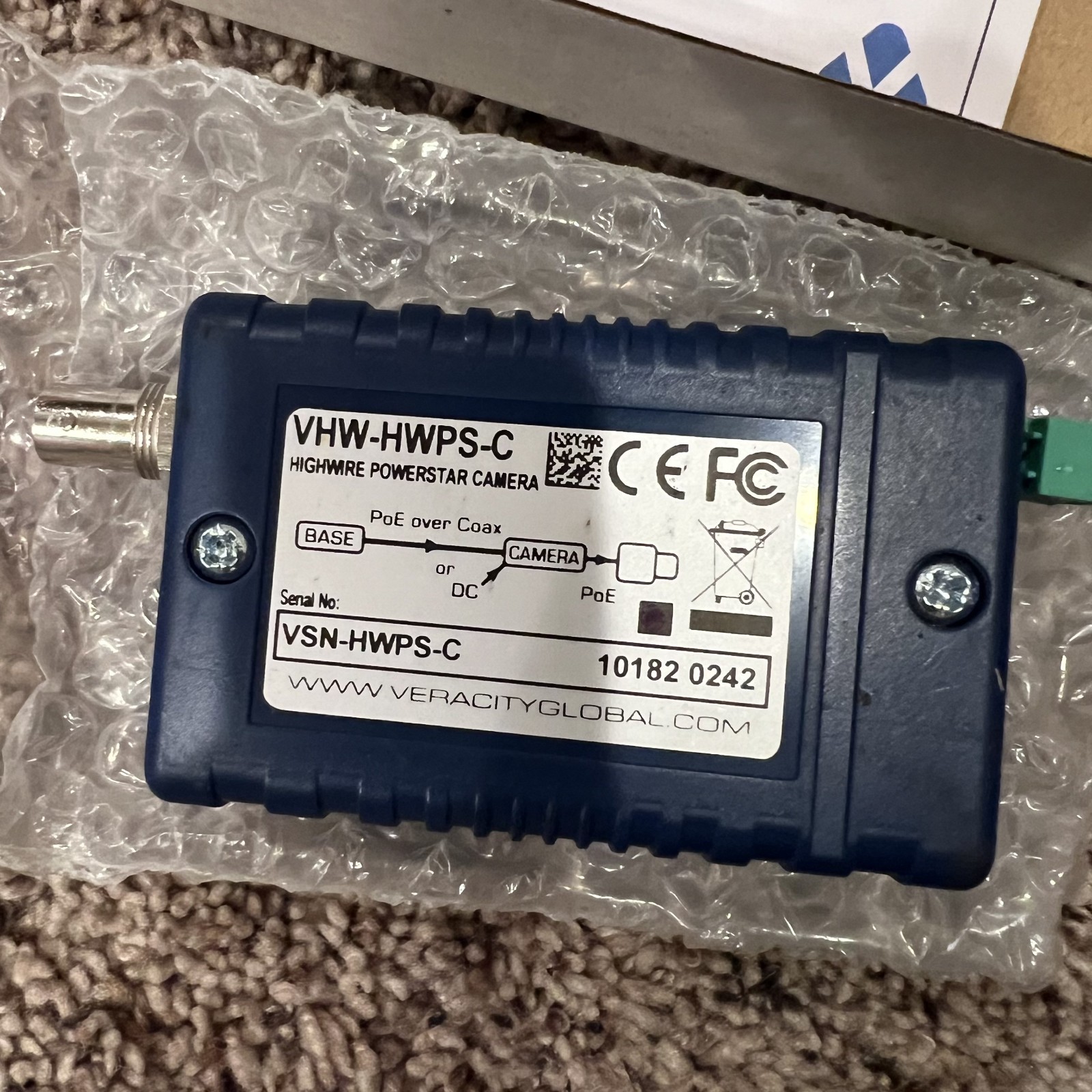 Veracity VHW-HWPS-C HIGHWIRE Powerstar Ethernet and PoE Over Coax Camera Unit
