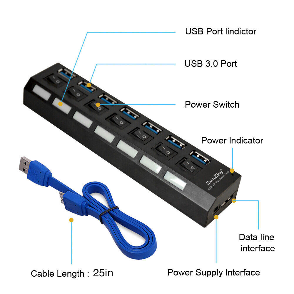 7 Port USB 3.0 Hub High Speed Splitter Box Power Adaptor Charger ON/OFF Switch