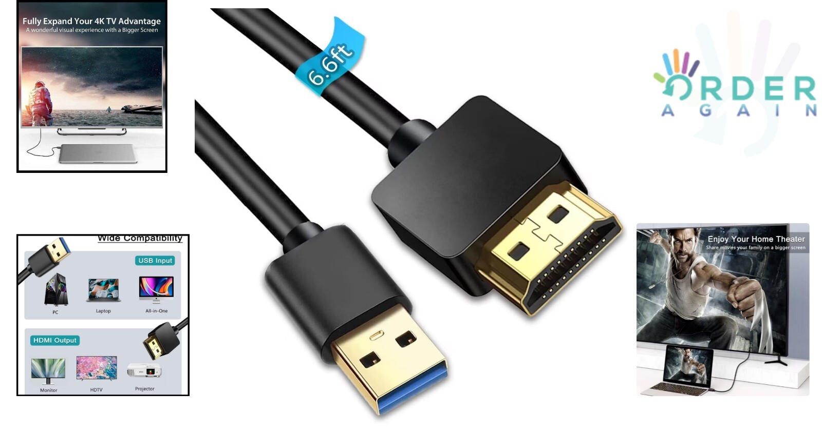USB 3.0 to HDMI Male Cable – 6.6FT Adapter for Multi-Monitor Setup with Drivers