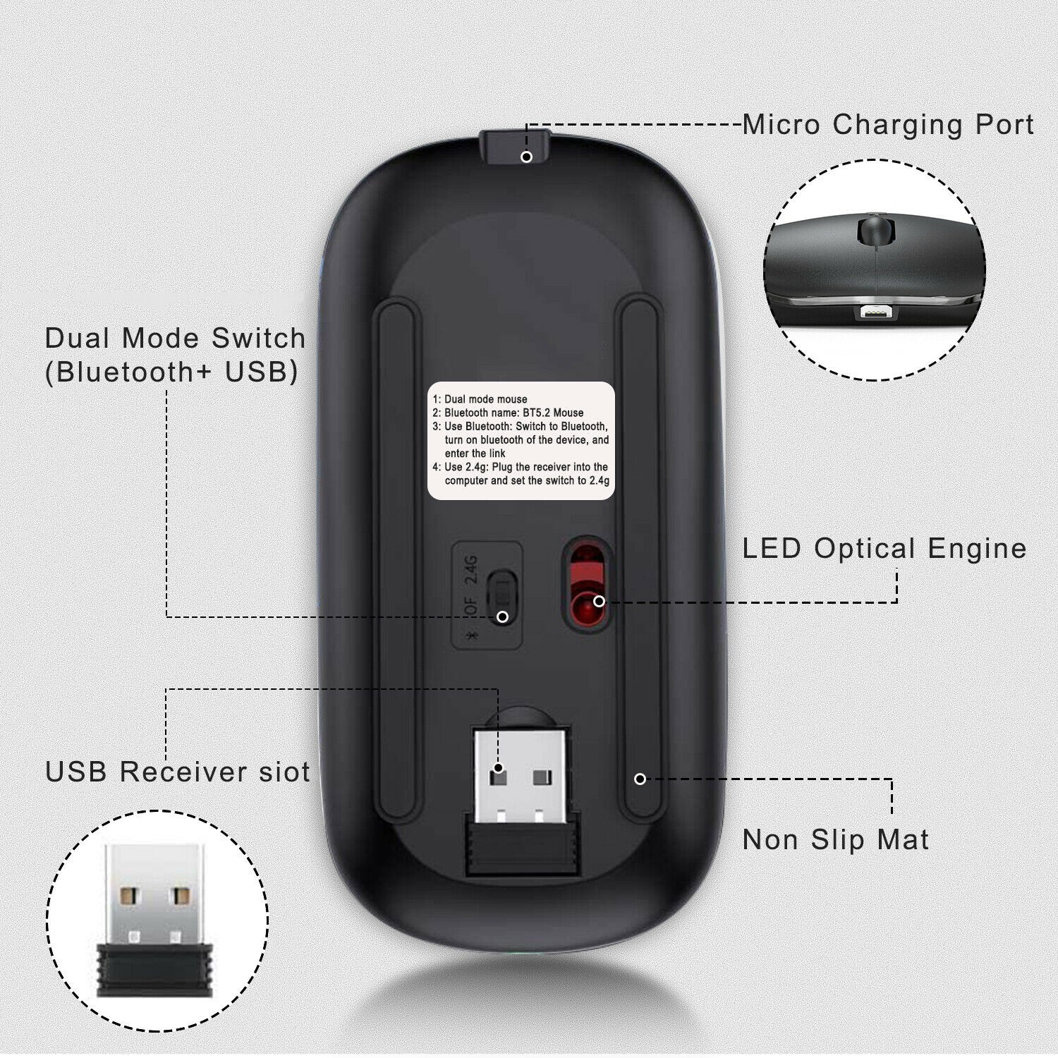 Rechargeable Slim Wireless Bluetooth 5.1 Mouse Dual Mode LED Mice iPad Laptop PC