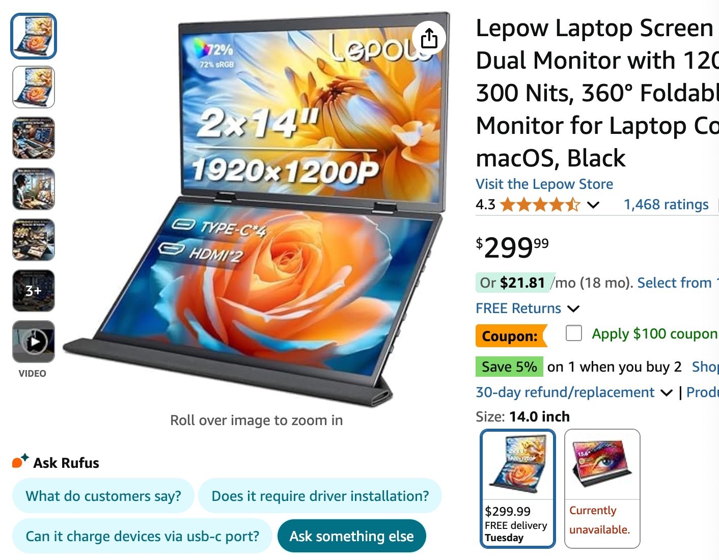 Lepow Laptop Screen Extender, 14″ Portable Dual Monitor with 1200p FHD, 72% SRGB