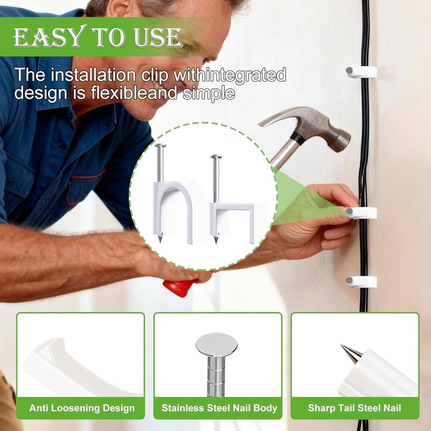 200pcs Round White Cable Clips with Steel Nails – 4/6/8/10mm for Wire Management