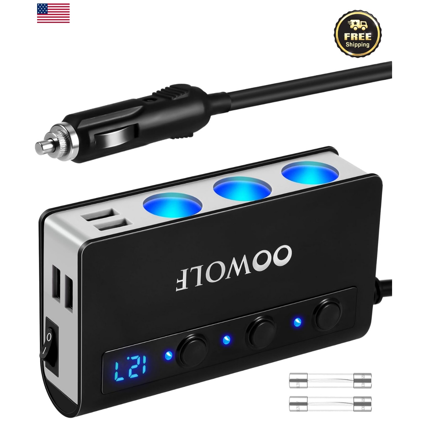 7 in 1 Car Power Splitter USB Charger Fast Charge 180W Cigarette Lighter Adapter