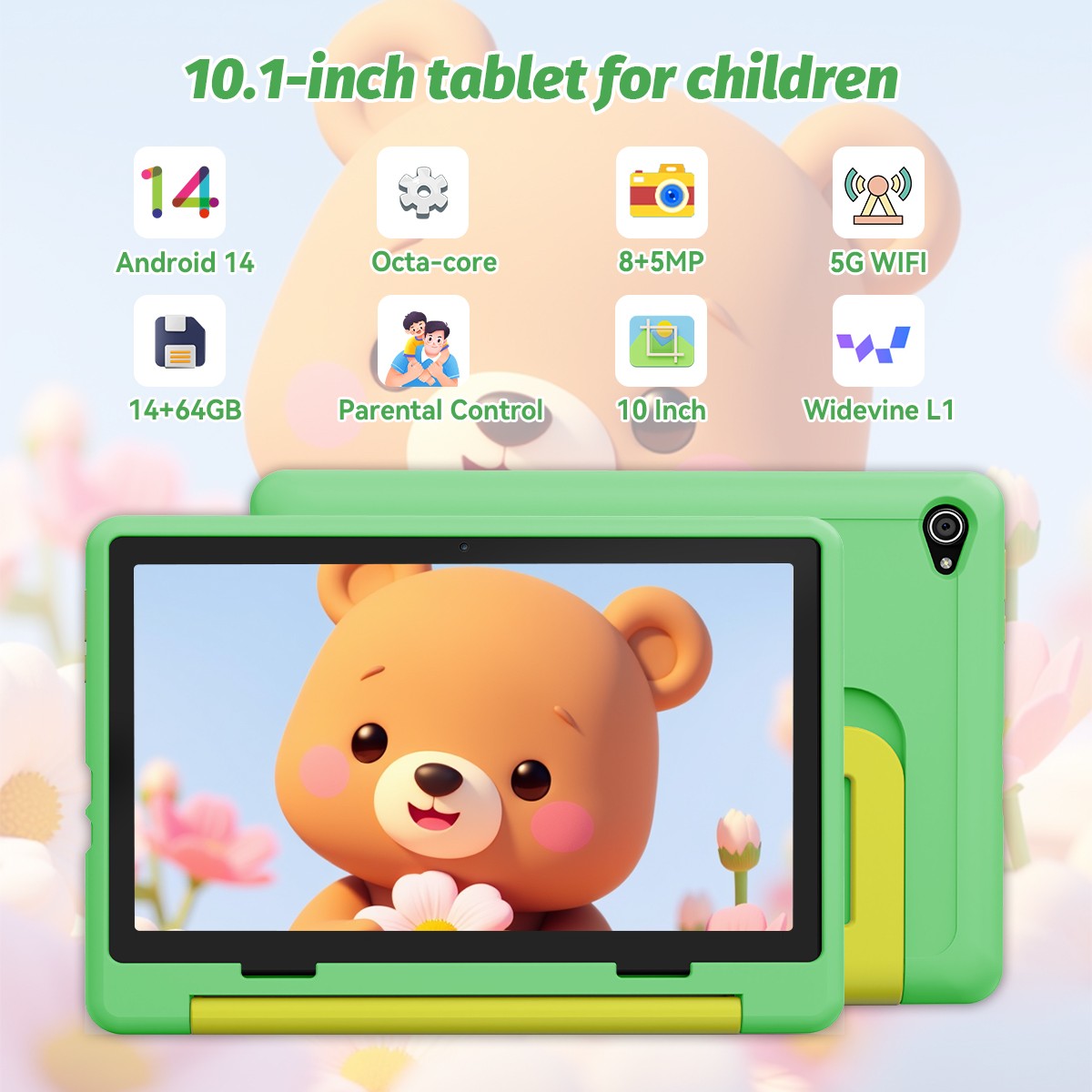 Kids Tablet 10″,Android 15 Tablet for Kids,Octa Core 20GB+64GB Shockproof Green