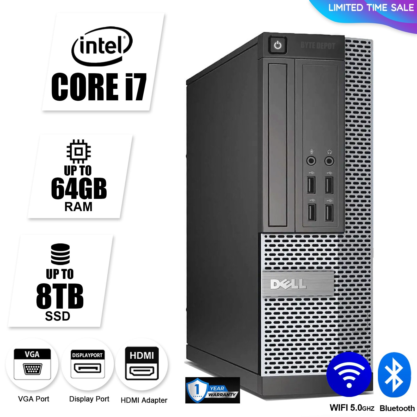DELL Desktop Computer PC i7, up to 64GB RAM, 8TB SSD, Windows 10/11, WiFi BT