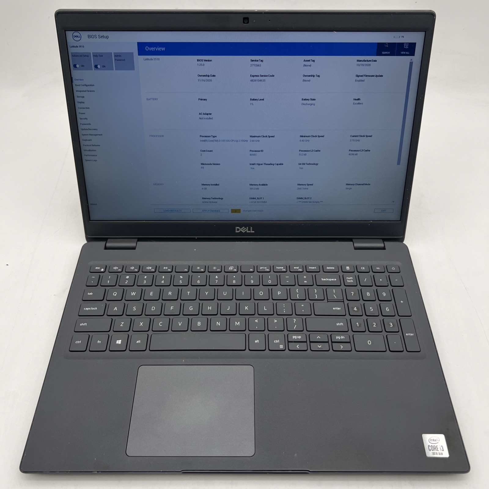 Dell Latitude 3510 15.6″ Intel Core i3 10110U 2.1GHz 4GB RAM No Drive No OS
