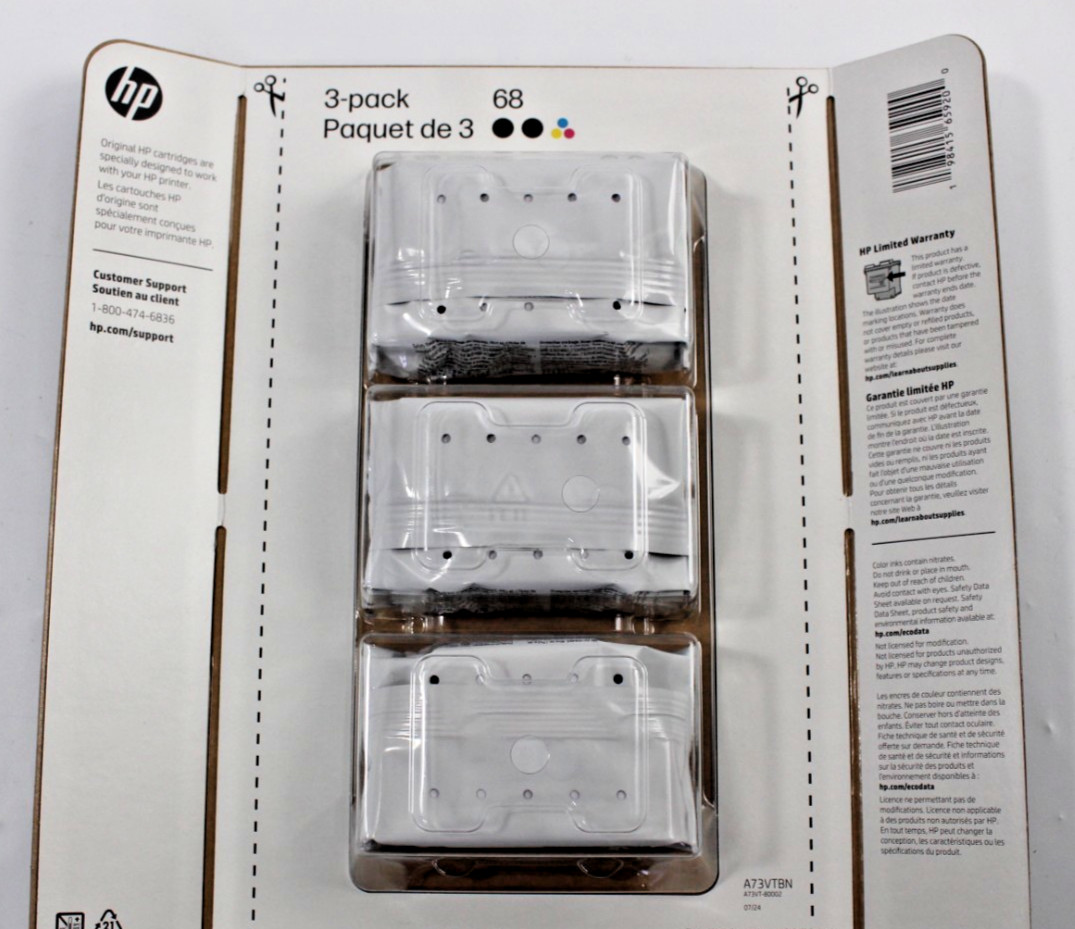 Genuine HP 68 3-PACK Tri-color (1) & Black (2) Combo A73VTBN EXP 07/2026+