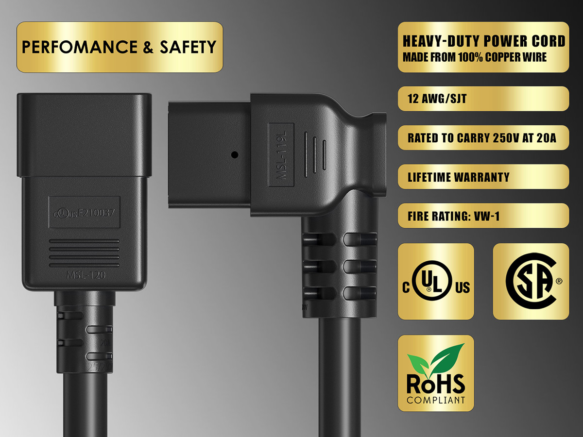 6ft C20 to Left Angle C19 Power Cord 12AWG 20A/250V UL, Black
