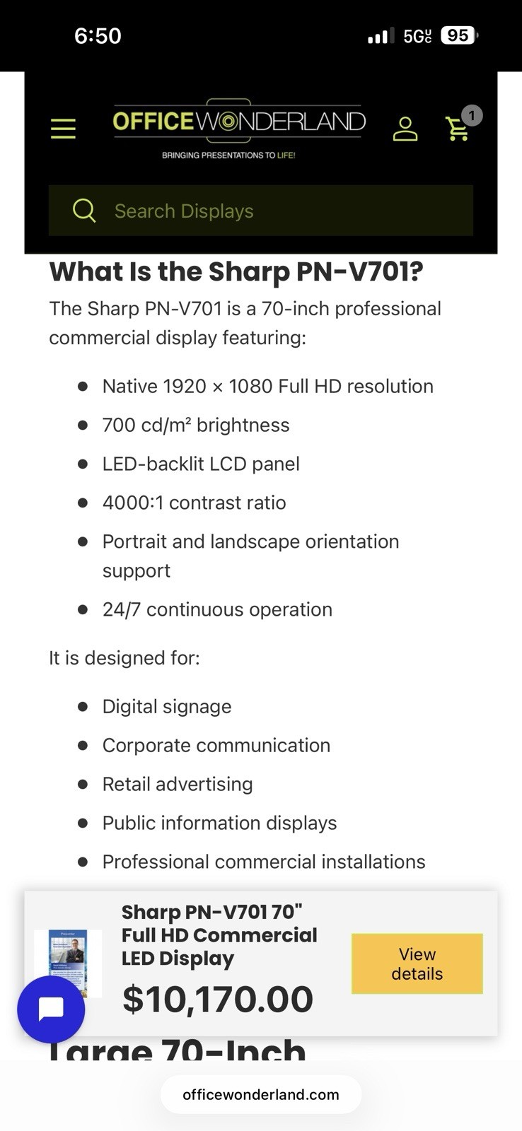 Sharp PN-V701 70″ LED LCD Full HD Commercial Display 16:9 24/7 Operation