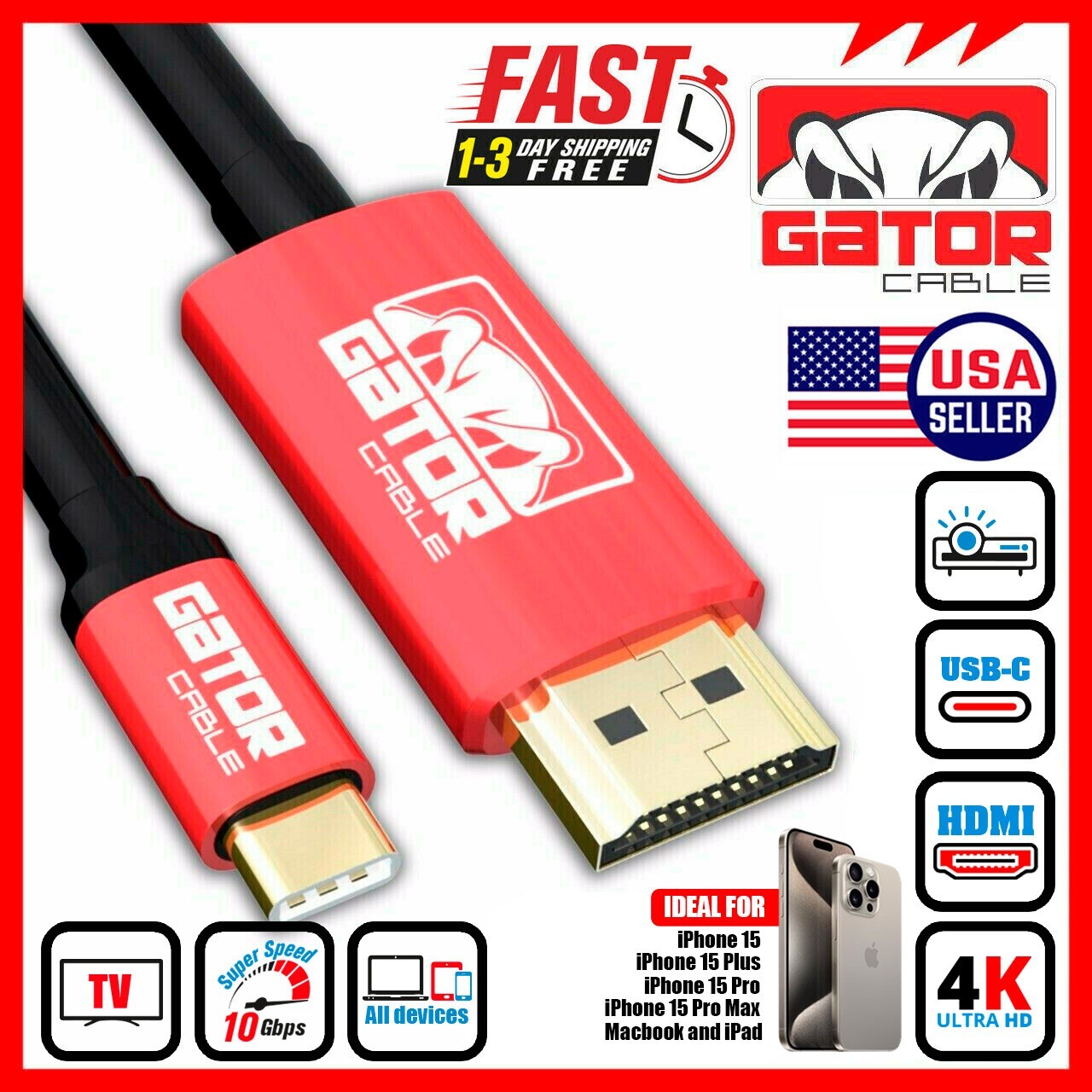 USB-C to HDMI Cable Adapter HDTV 4K 60Hz for Samsung MacBook Android iPhone LG