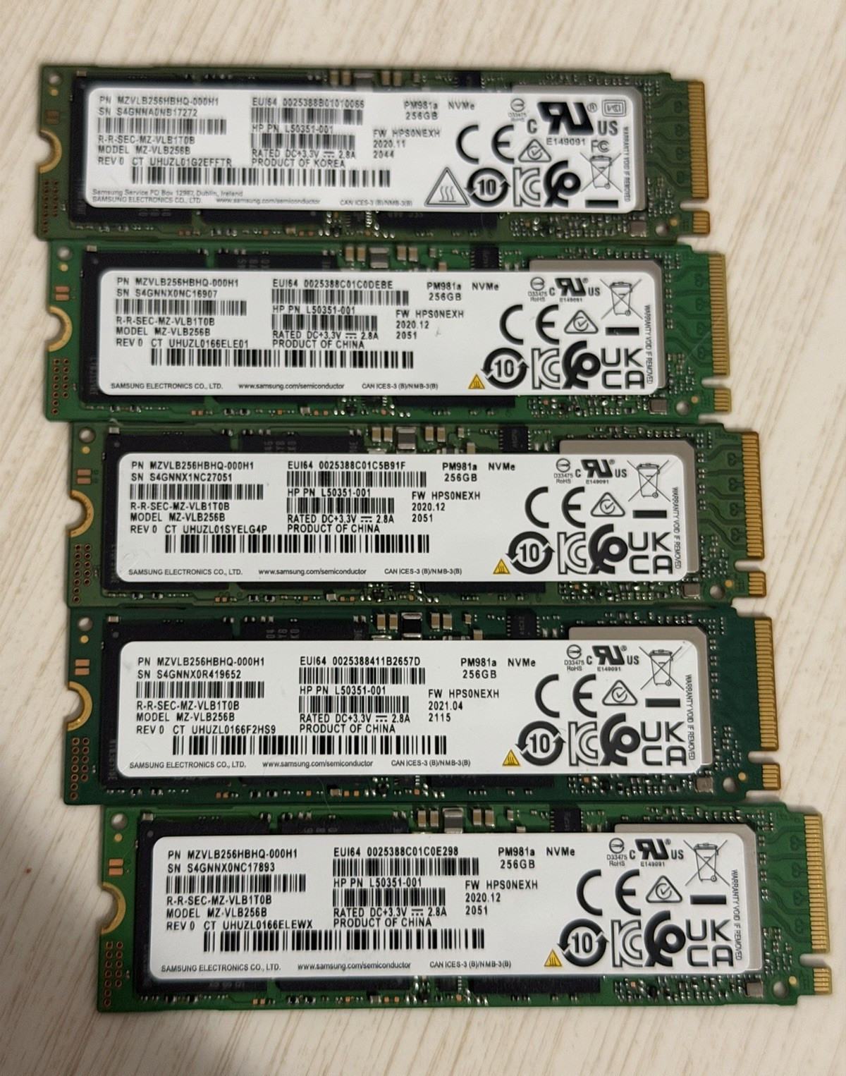 Samsung PM981a 256GB NVMe M.2 2280 SSD Lot of 5 1TB PCIe MZVLB256HBHQ