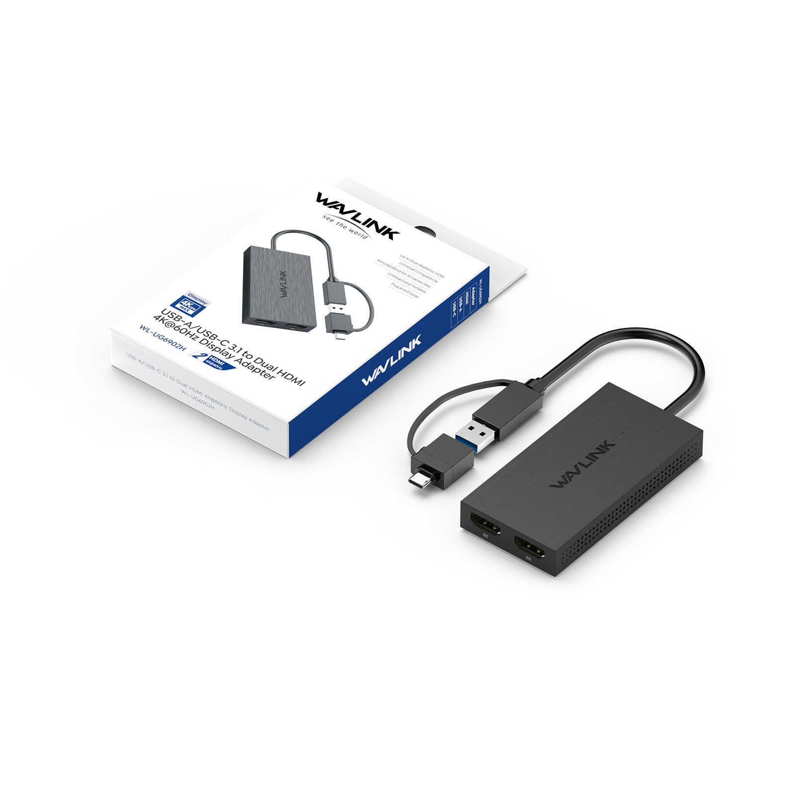 WAVLINK USB 3.0/USB C to Dual HDMI 4K@60hz Adapter Splitter Extended Displays