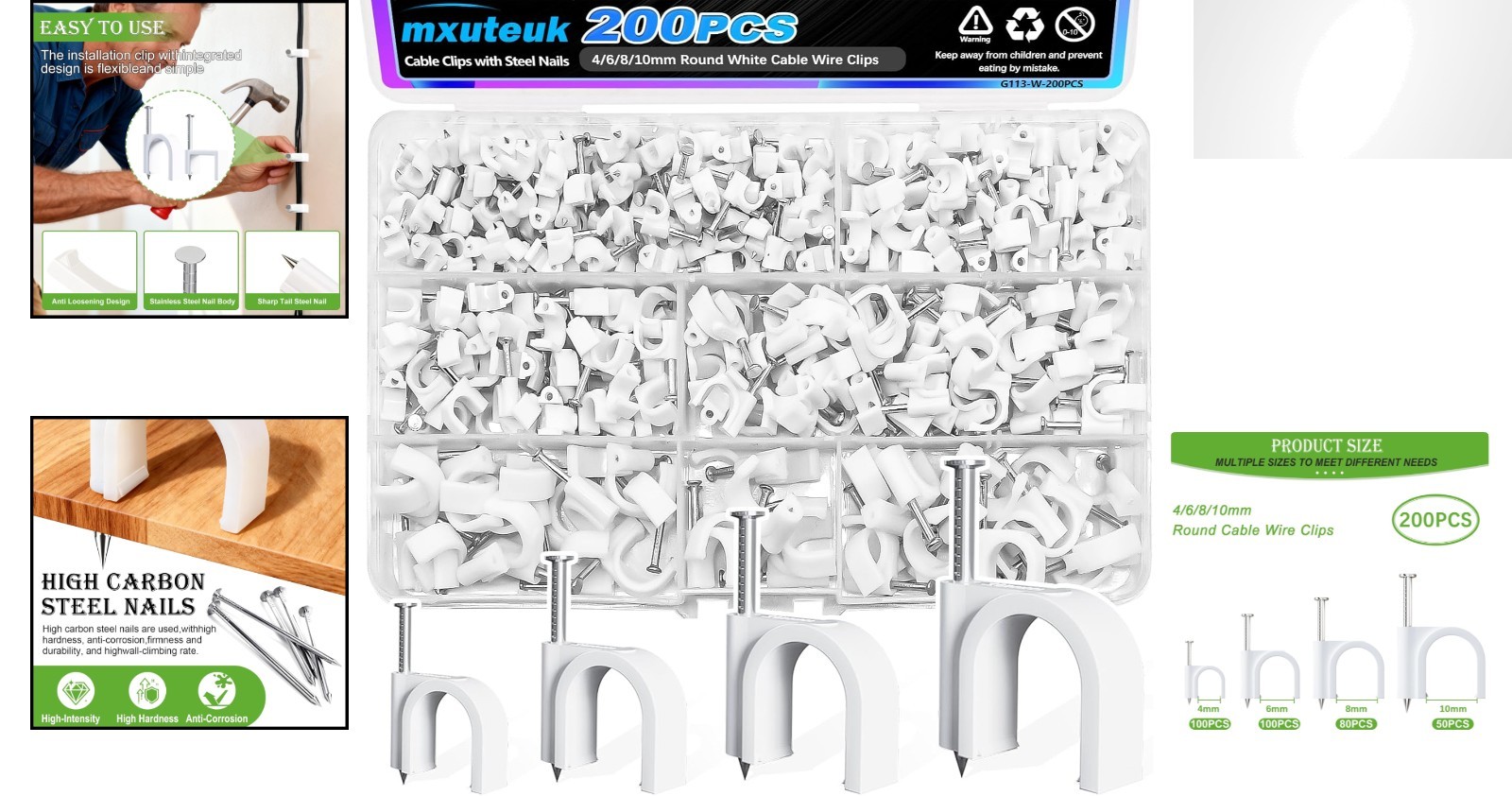 200pcs Round White Cable Clips with Steel Nails – 4/6/8/10mm for Wire Management
