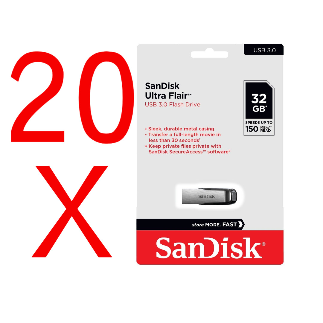 Lot of 20 x SanDisk 32GB Cruzer Ultra Flair USB 3.0 150MB/s Flash Mini Pen Drive