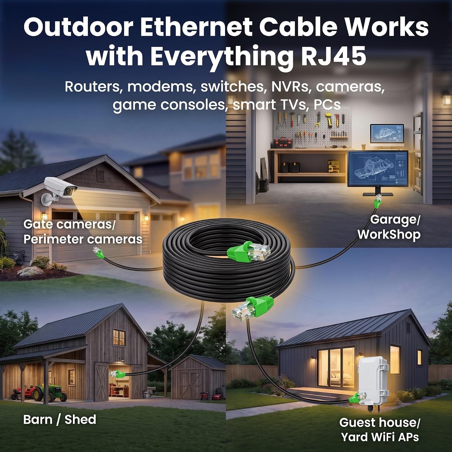 Outdoor Cat6 Ethernet Cable 200ft – High-Speed Up to 10Gbps with RJ45 Connectors