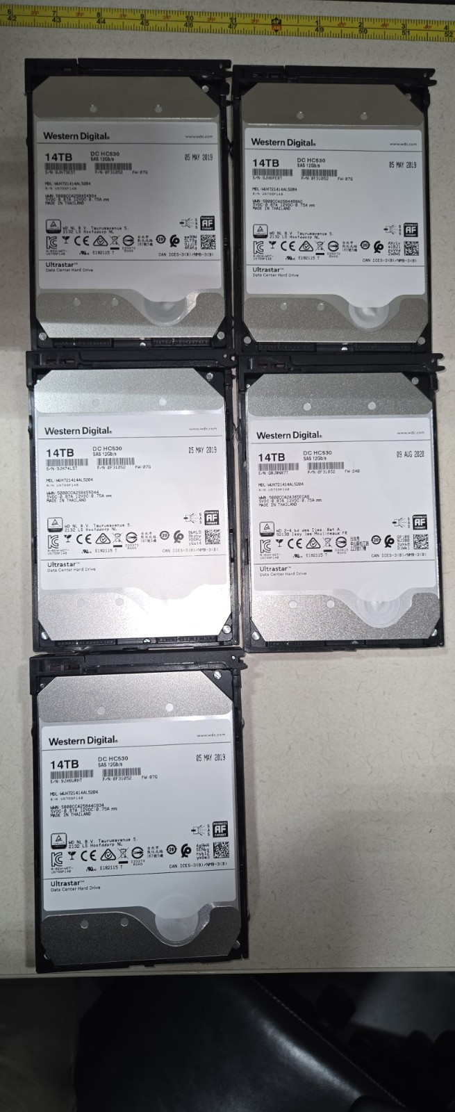 LOT OF 5 WD Ultrastar DC HC530 14TB WUH721414AL5204 0F31052 SAS 12Gb/s 3.5″ HDD