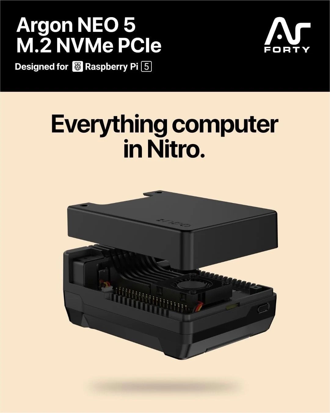 Sleek Argon NEO 5 Aluminum Case for Raspberry Pi 5 with Integrated Cooling Fan