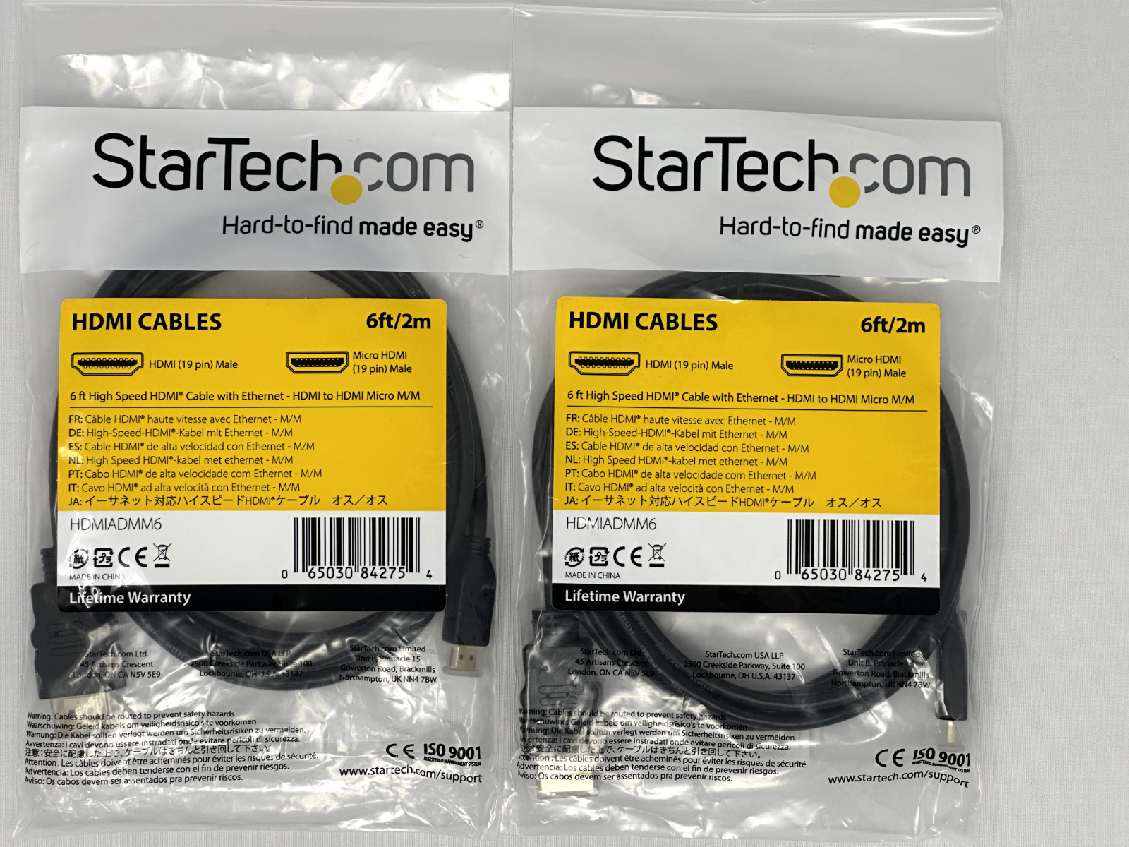 StarTech Pack of 2 Micro HDMI to HDMI 6FT/2M