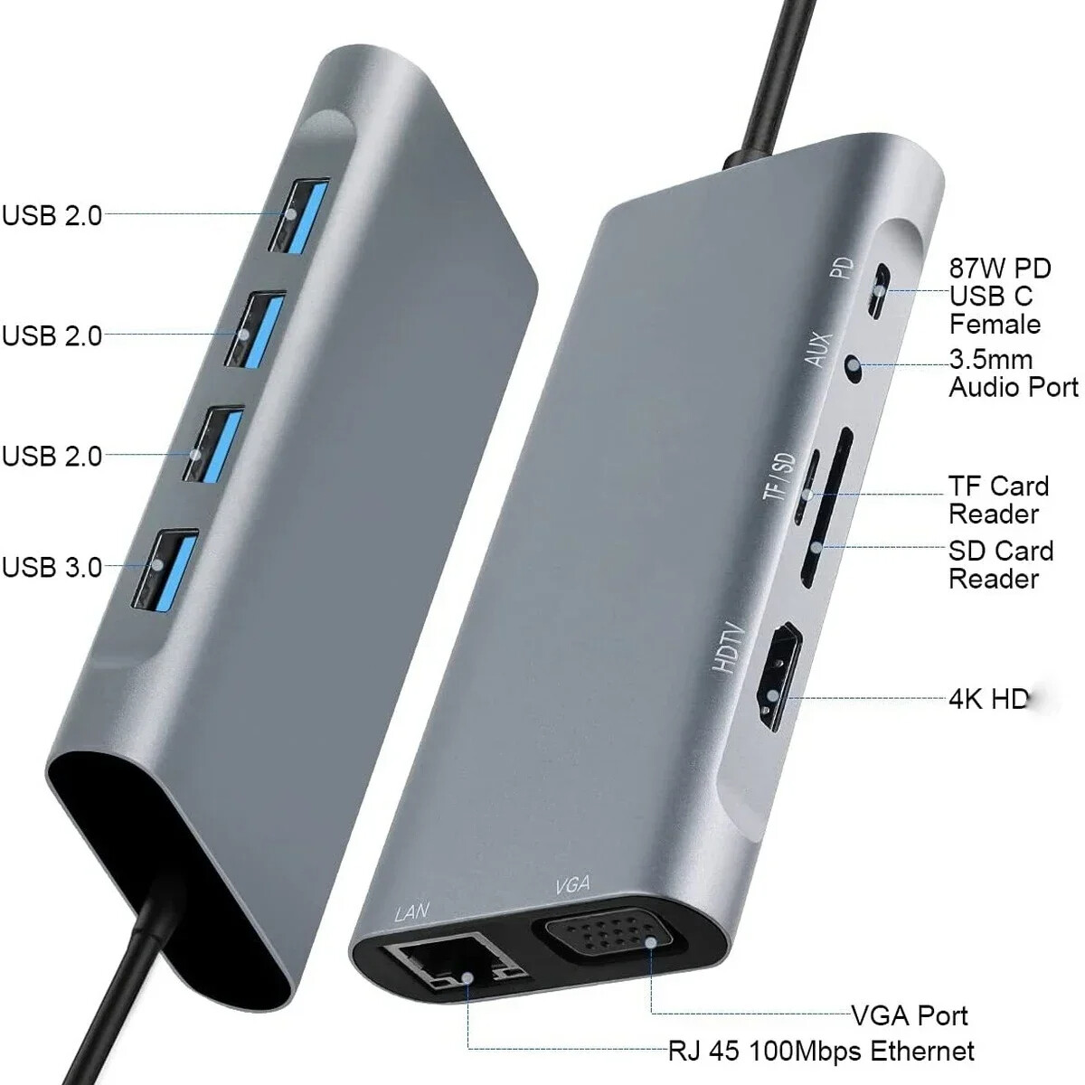11in1 Type C Hub USB-C To USB 3.0 2.0 HDMI VGA Multi-Hub Dock TF/SD Card Reader
