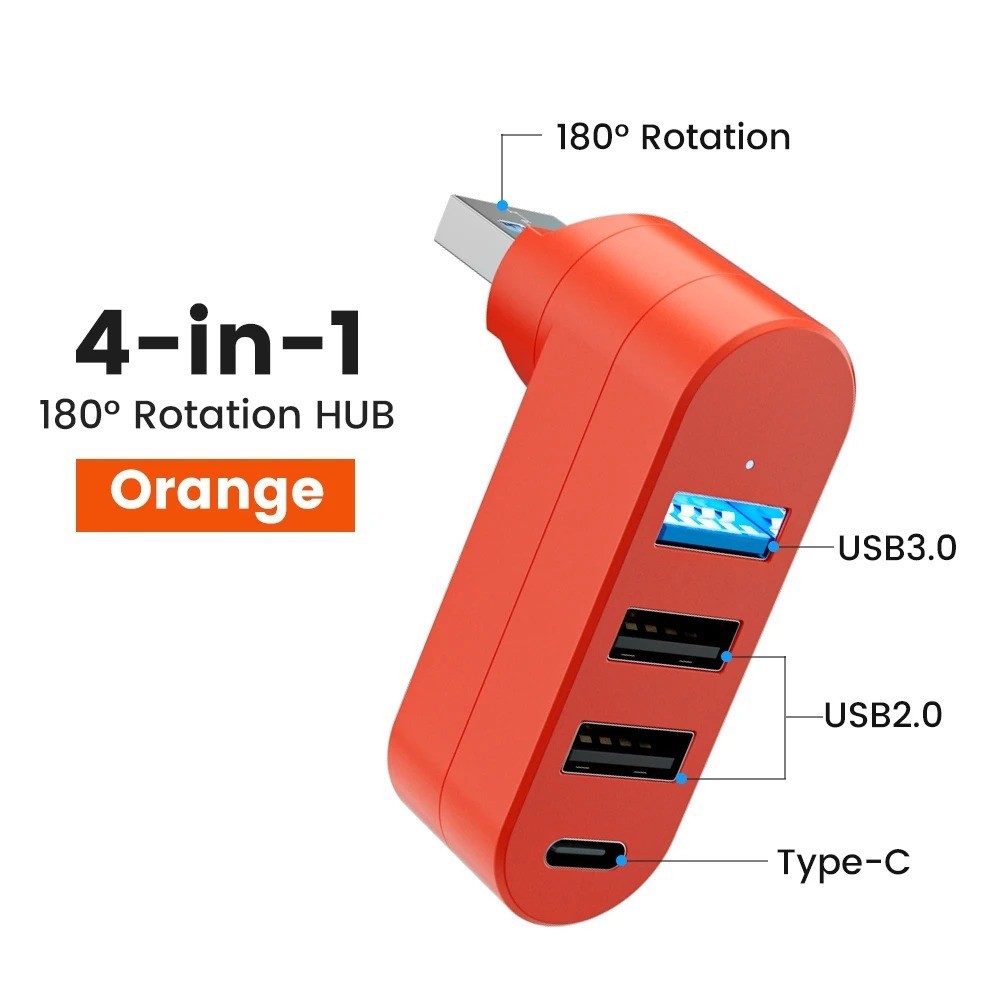 1pcs USB 3.0/2.0 Hub 4-Port: Rotatable Type-C High Speed Data Splitter Adapter