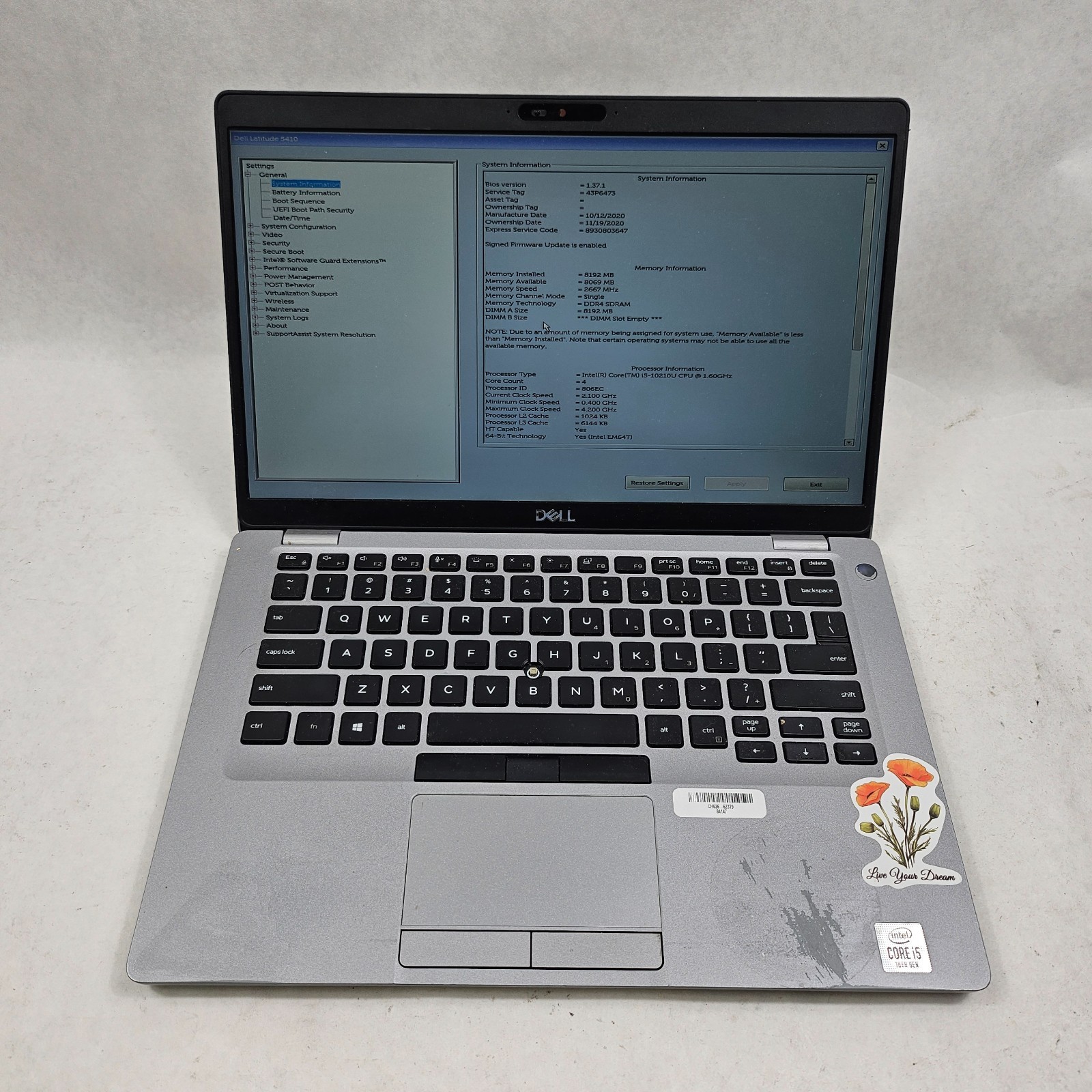 Dell Latitude 5410 14″ Laptop Core i5-10210U 1.60GHz 8GB RAM 256GB SSD No OS