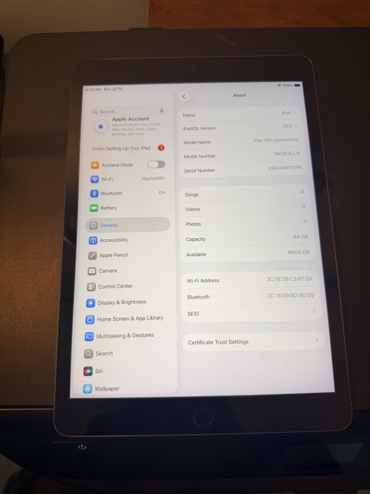 Apple iPad 9th Gen 10.2in 64GB Gray Wi‑Fi Tablet MK2K3LL/A Used