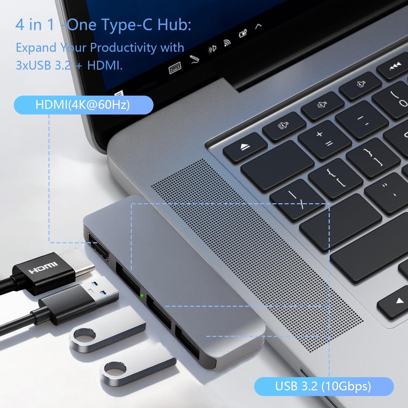 USB Hub for MacBook /, USB -3.2 Multiport Adapter, 4K60Hz HDMI Output, 3 USB-…