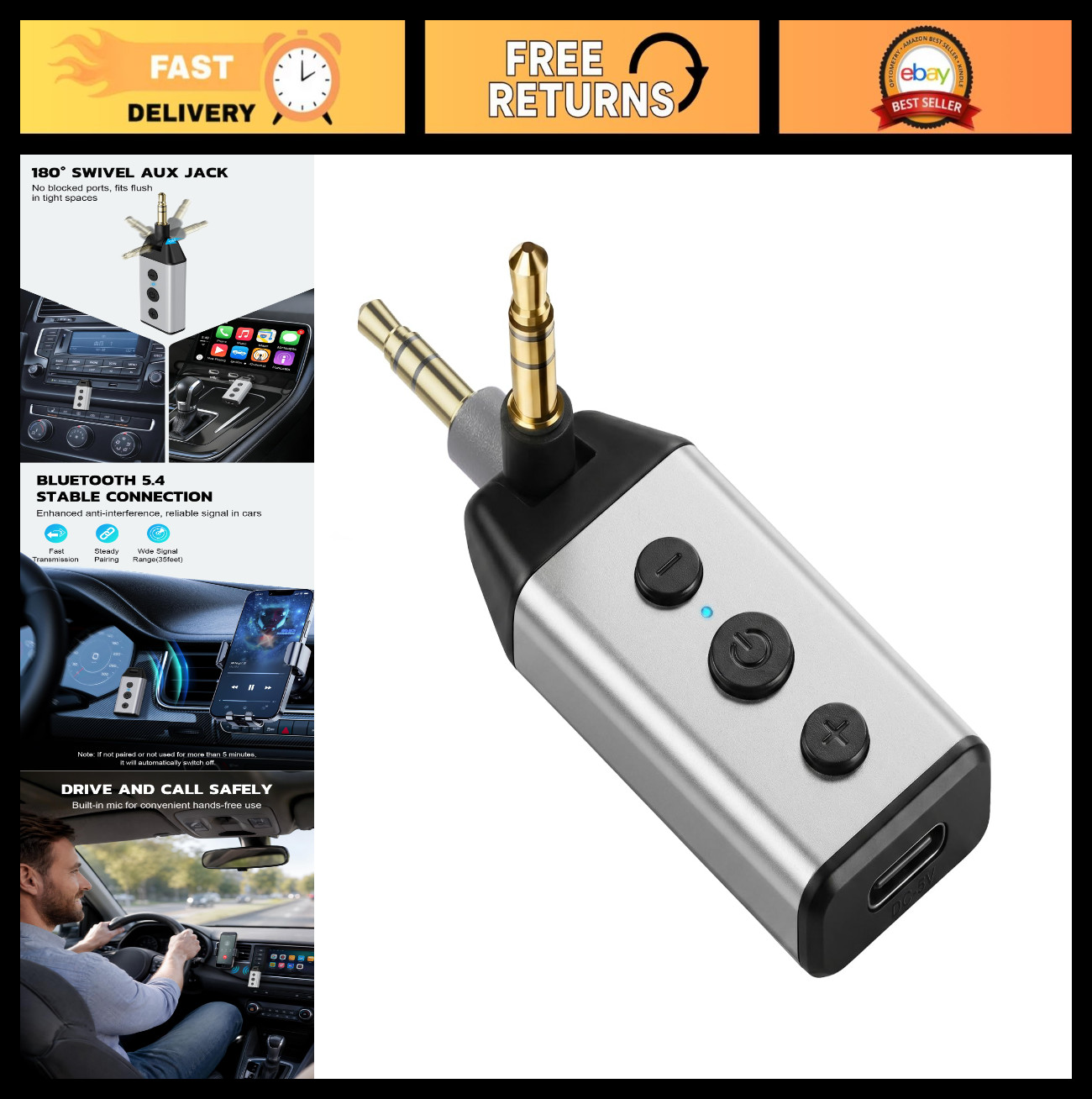 Bluetooth 5.4 Car Adapter, 180° Rotatable AUX Audio Receiver, Hands-Free Calls,