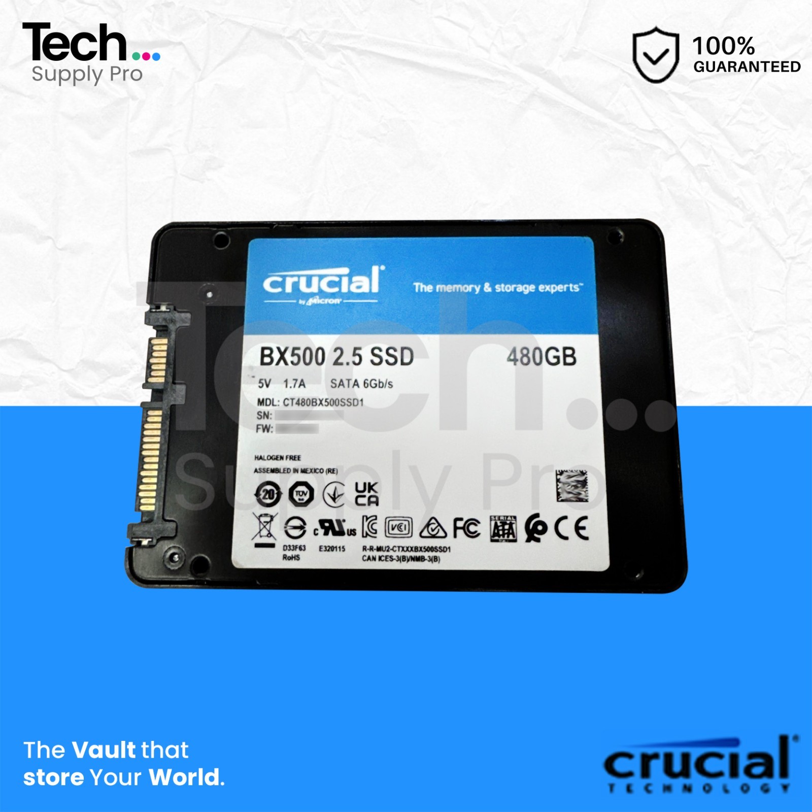 CT480BX500SSD1 Crucial BX500 480GB SATA 6GB/s 2.5″ Solid State Drive