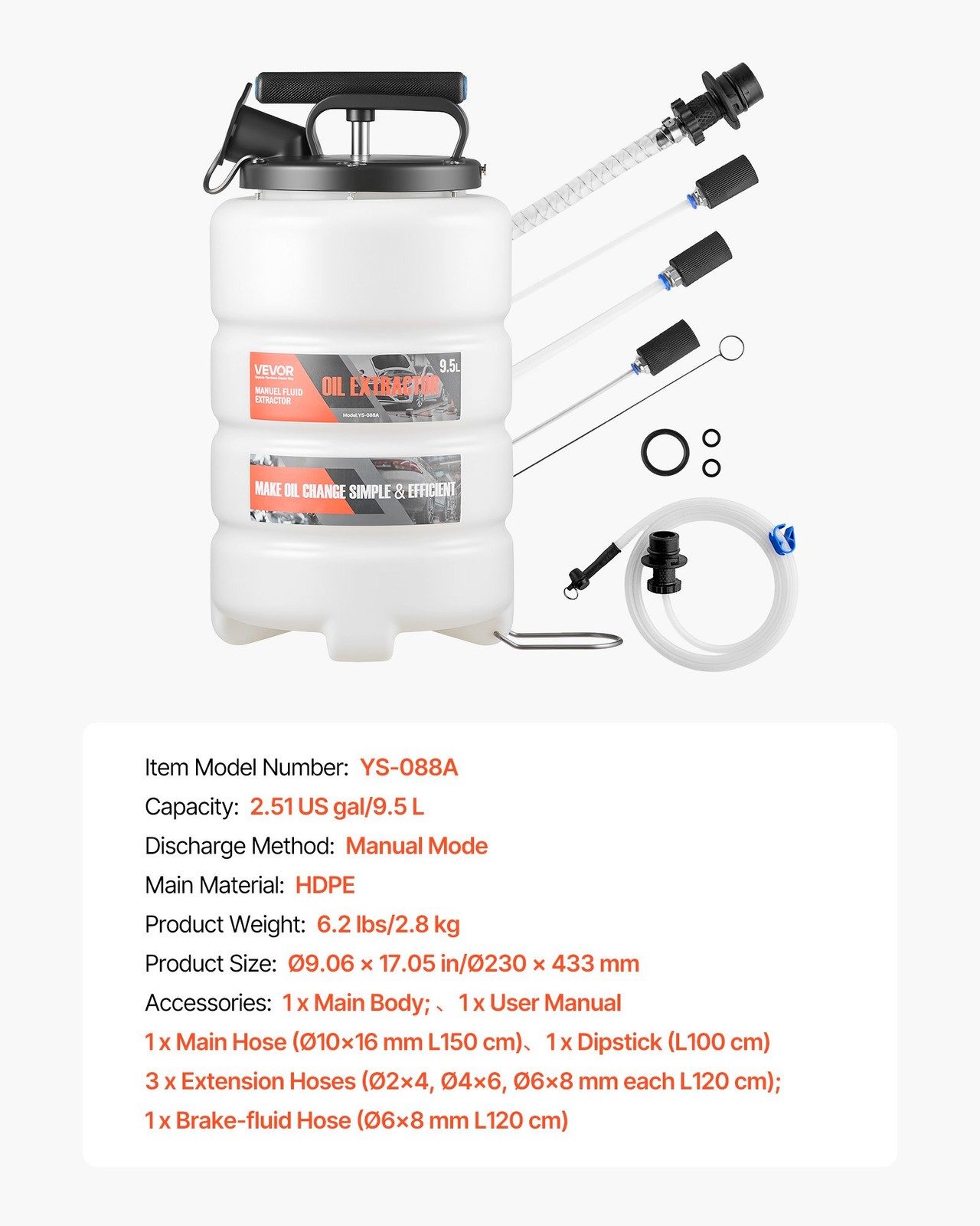 Fluid Extractor, 9.5 L Capacity, Manual Vacuum Oil Extractor Pump with 59 in Lon