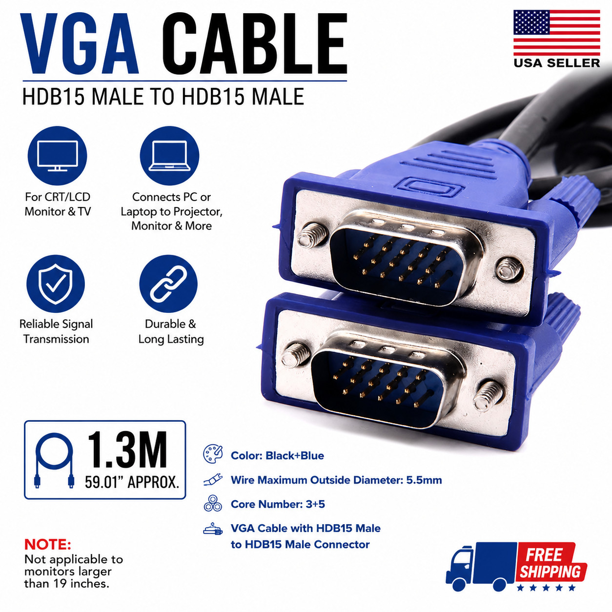 VGA to VGA Cable 5FT Male to Male HD15 for PC Laptop Monitor Projector TV