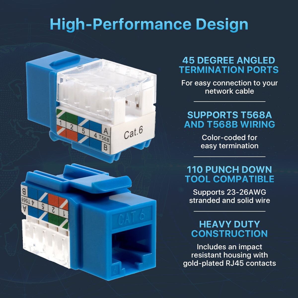 Cat6 Blue Keystone Jack 45° Angled Punchdown Network Connector Multipack LOT