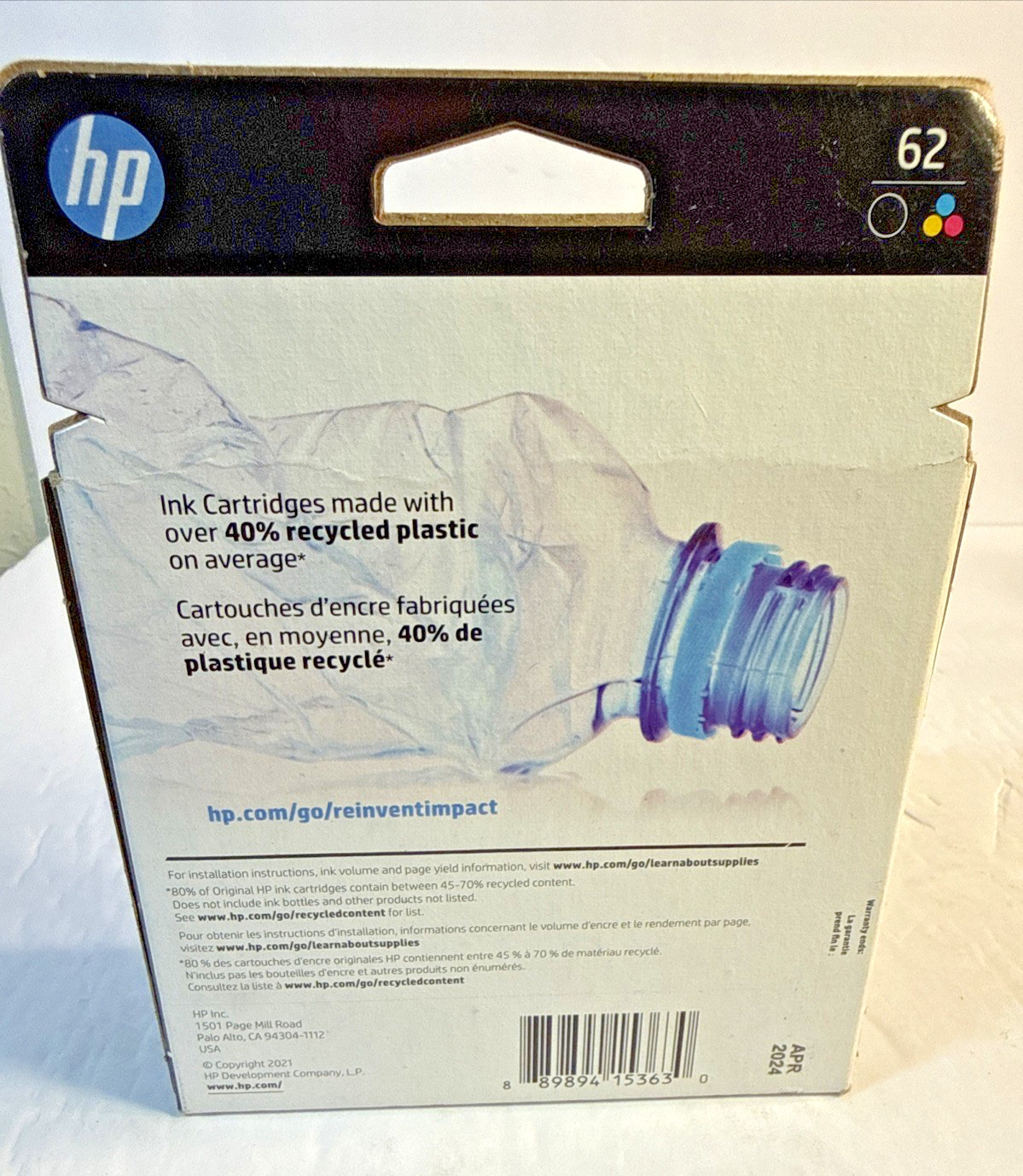 Factory SealedHP 62XL Black & 62 Tri Color Combo Pack Ink Cartridges Exp 04/2024