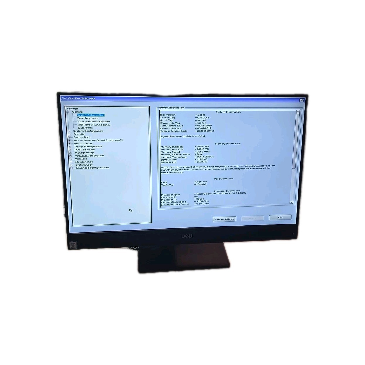 Dell OptiPlex 7460 All-In-One Intel i5-8500 16GB NO HD