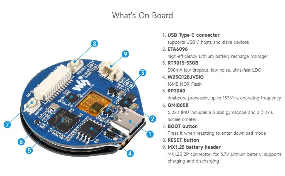 RP2040 Microcontroller Development Board with 1.28inch Round Touch LCD Waveshare