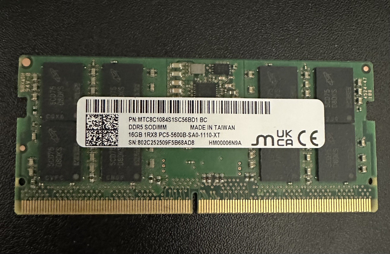 Micron 16GB DDR5 PC5-5600B SODIMM 1Rx8 Laptop RAM MTC8C1084S1SC56BD1 262-Pin