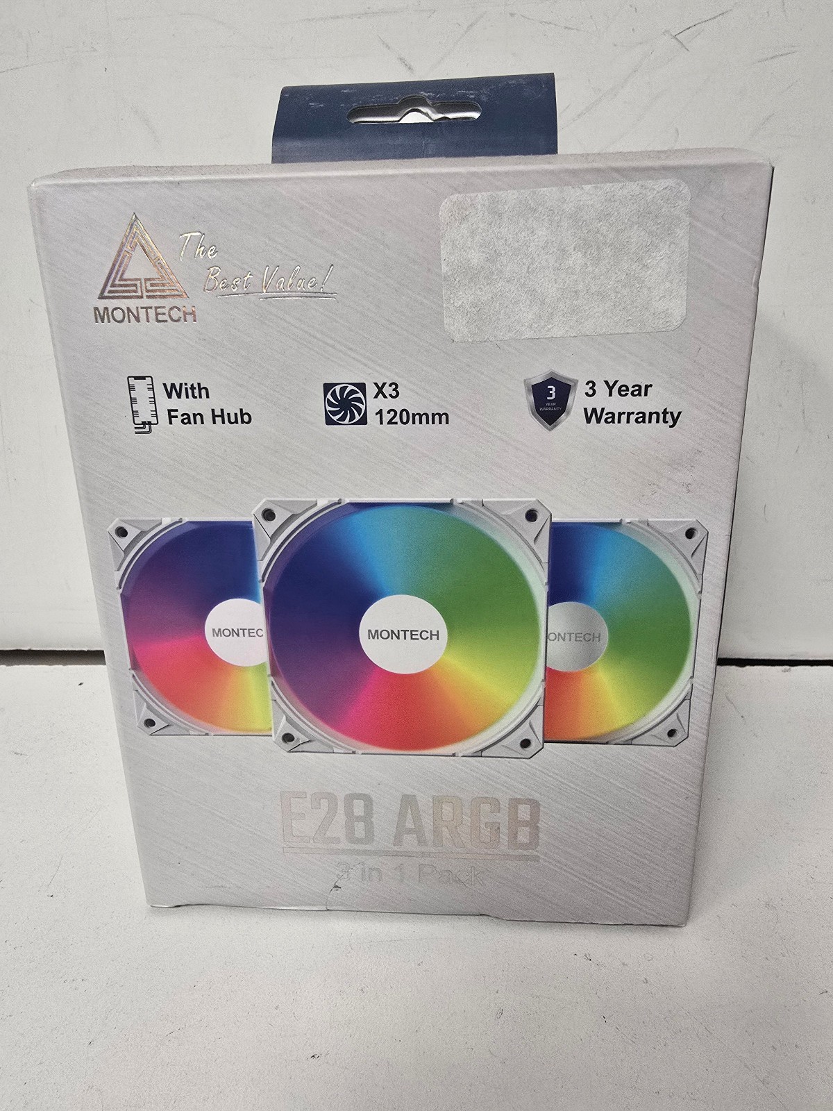 Montech E28 ARGB Fluid Dynamic Bearing 120mm Case Fan – White (3 Pack)