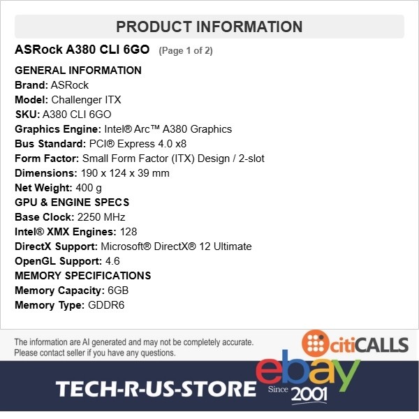 ASRock A380 CLI 6GO Intel Arc A380 Challenger ITX 6GB GDDR6 OC Graphics Card