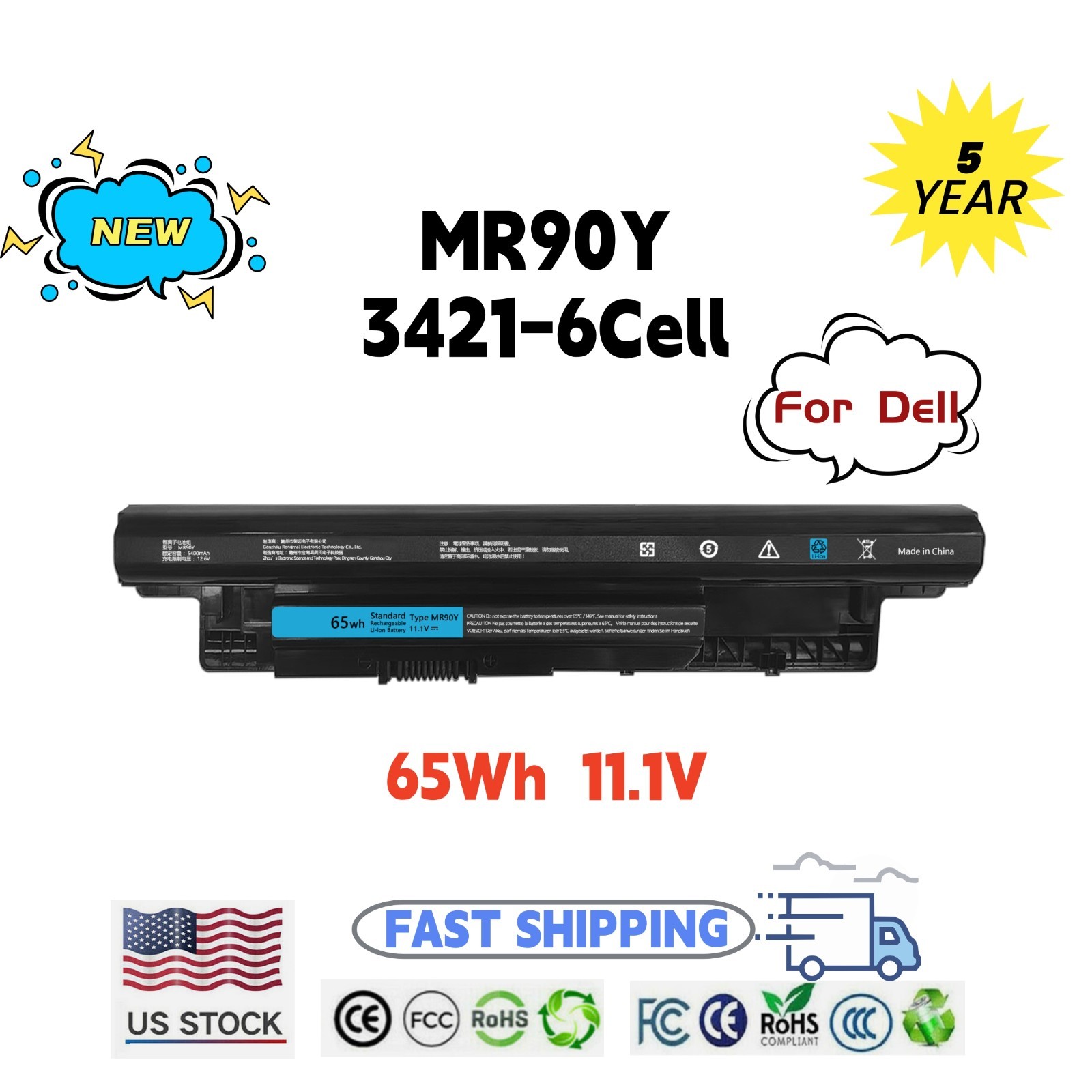 65Wh MR90Y Battery For Dell Inspiron 17 5000 Series 15 3521 3543 3421 3542 3537