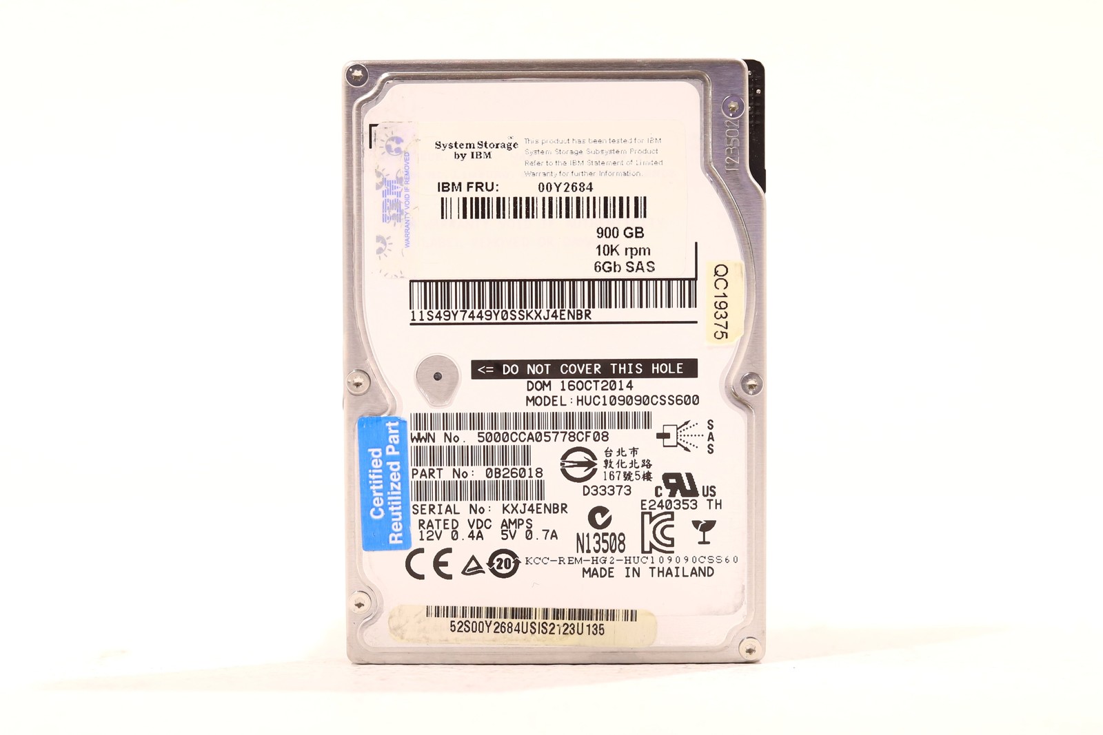 IBM HUC109090CSS600 900GB 2.5″ 6Gb/s 10K RPM SAS Hard Drive FRU P/N: 00Y2684